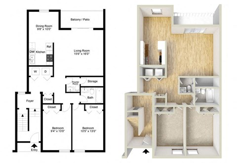 Floor plan for 2 beds, 1.5 baths, 923 sqft